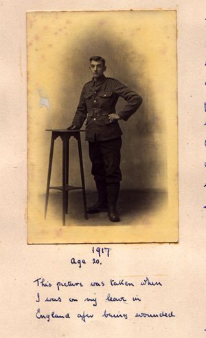 [A picture of my Grandfather taken when he was on leave in 1917 after being wounded.]
