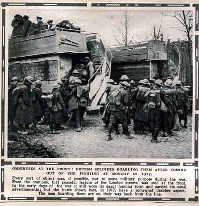 Omnibuses at the front: British Soldiers boarding them after coming out of the fighting at Monchy in 1917