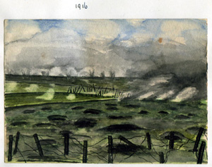 [A Watercolour of no mans land, painted by my grandfather in 1916]